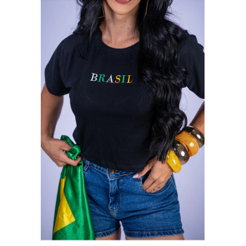Cropped Feminino Brasil Colors Preto Algodão | Silva Shopping
