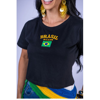 Cropped Feminino Brasil Estrelas Bandeira Preto Algodão | Silva Shopping