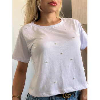 Cropped Feminino Pérolas Branco Algodão Gola Ribana | Silva Shopping