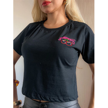 Cropped Feminino Bordado Minimalista Cereja Preto Algodão | Silva Shopping
