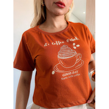 Cropped Feminino Coffee Pedraria Terracota Algodão Gola Ribana | Silva Shopping