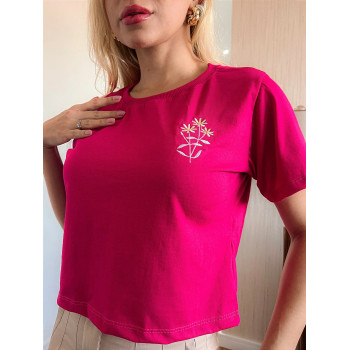 Cropped Feminino Bordado Flores Galhos Rosa Pink Algodão | Silva Shopping