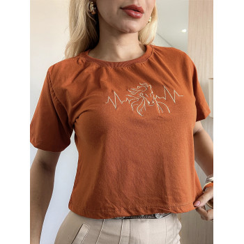 Cropped Feminino Cavalo Batimentos Terracota Algodão Gola Ribana | Silva Shopping