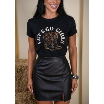 T-Shirt Feminina Let’s Go Bota Alto Relevo Preta Algodão | Silva Shopping