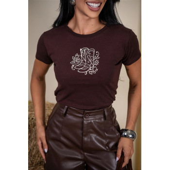 T-Shirt Feminina Bordada Bota Flores Marrom Algodão | Silva Shopping