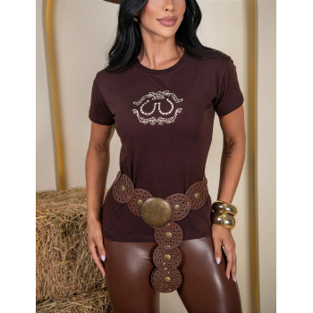 T-Shirt Feminina Bordada Ferradura Marrom Algodão | Silva Shopping