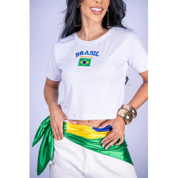 Cropped Feminino Brasil Estrelas Bandeira Branco Algodão | Silva Shopping