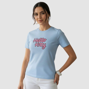 T-Shirt Feminina Hello Kitty Basic Azul Claro Algodão | Silva Shopping