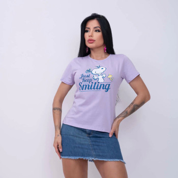 T-Shirt Feminina Snoopy Just Keep Smiling Lilás Algodão | Silva Shopping
