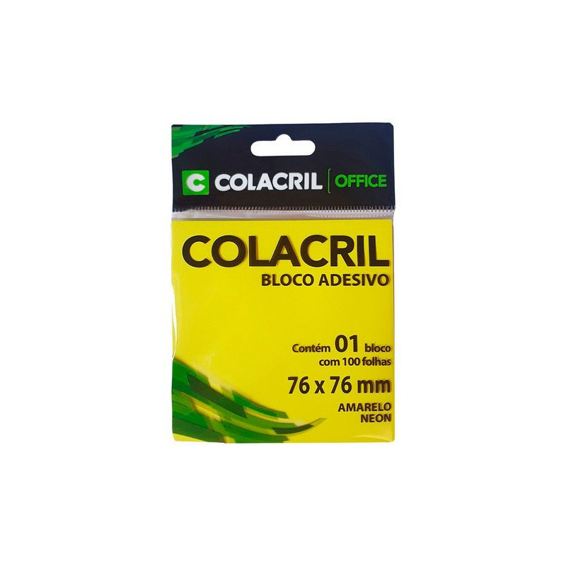 BLOCO ADESIVO AMARELO NEON 76X76MM 100 FLS COLACRIL