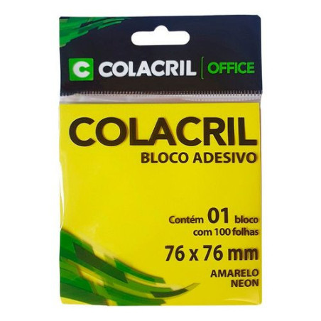 BLOCO ADESIVO AMARELO NEON 76X76MM 100 FLS COLACRIL